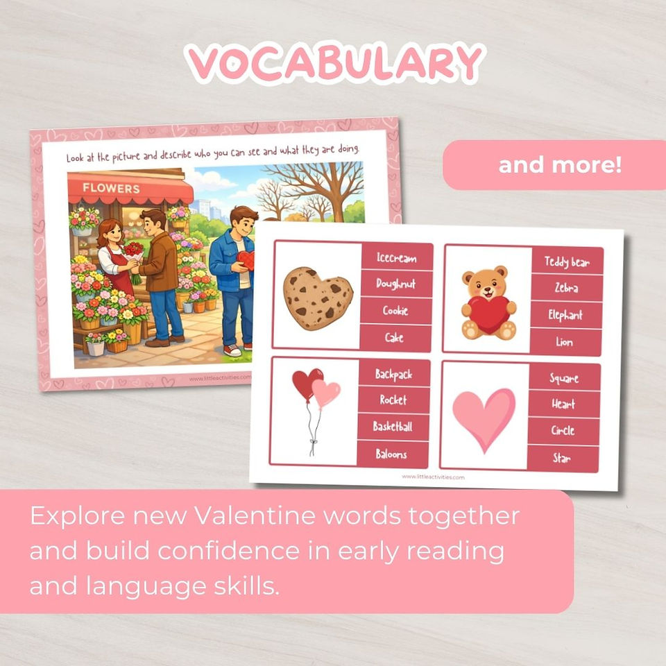 Valentine-themed visual matching activity where children find the missing half of cupcakes, hearts, and treats.