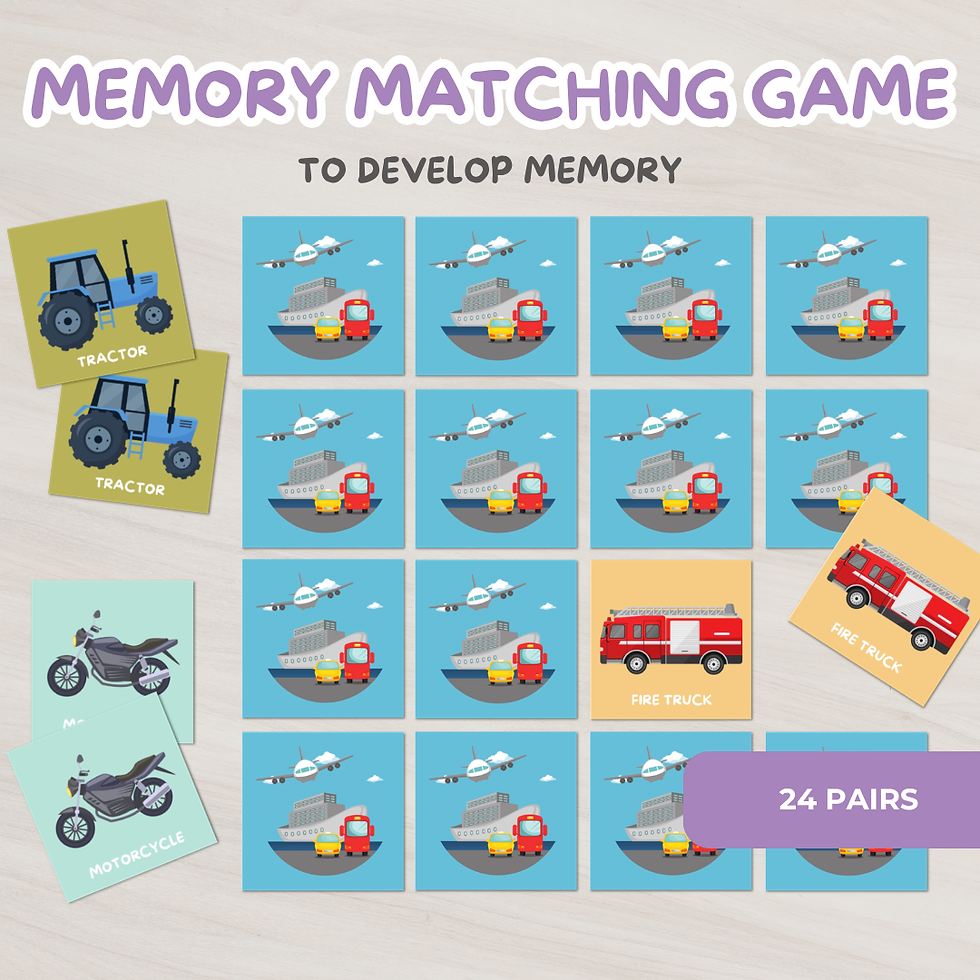 Transport memory matching game printable with cars, buses, and planes for toddlers and preschool learning