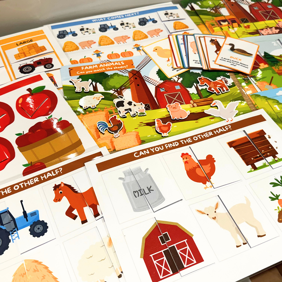 Thumbnail: A display of the printable activity sheets from the "Farm Fun for Toddlers" pack