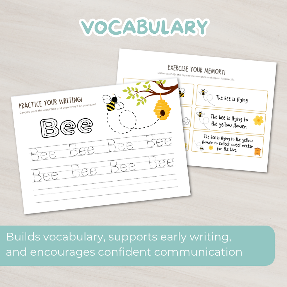Bee vocabulary and early writing practice worksheets for preschool children with tracing and word recognition activities