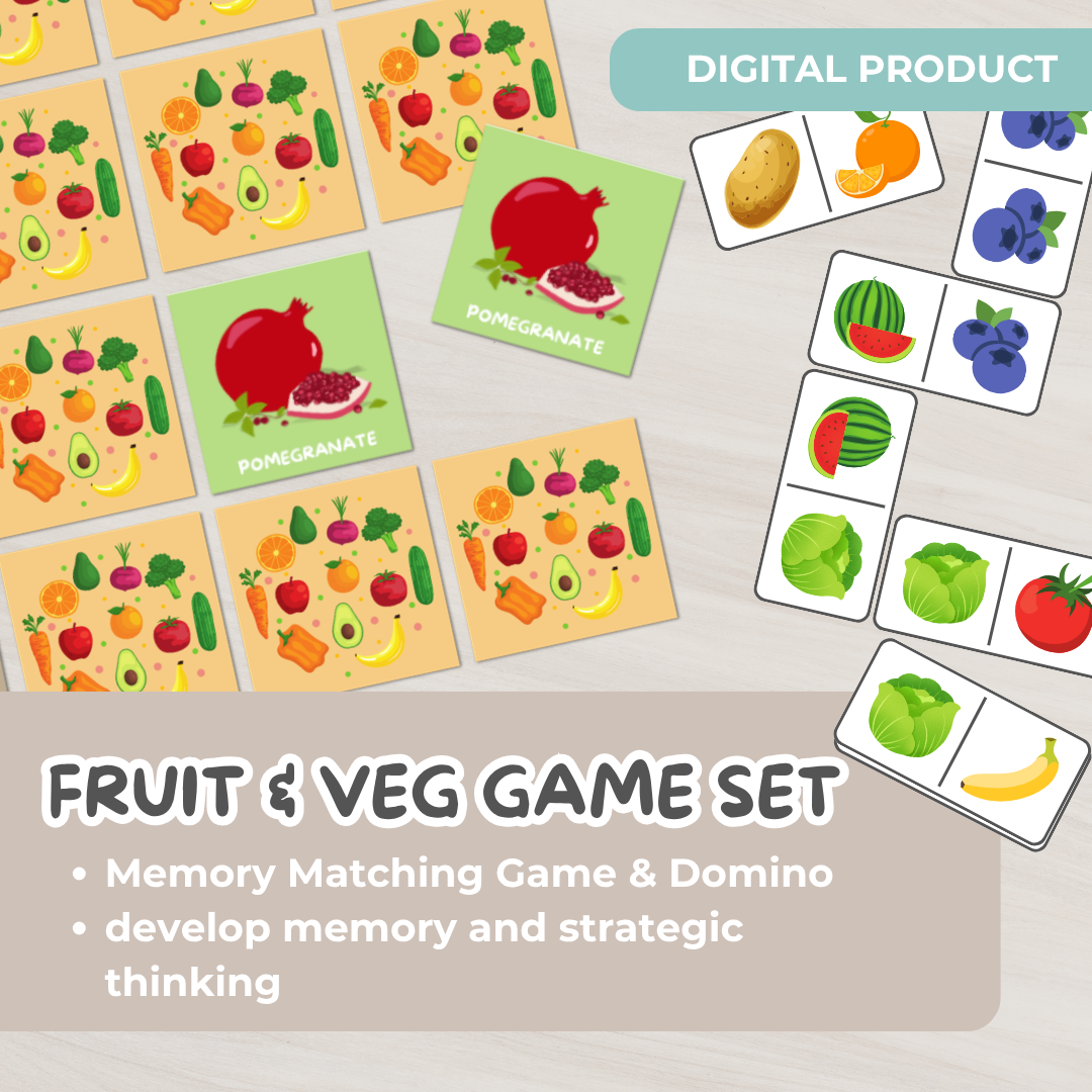 Fruit and vegetable printable matching game and domino set for toddlers, educational activity with colourful food cards