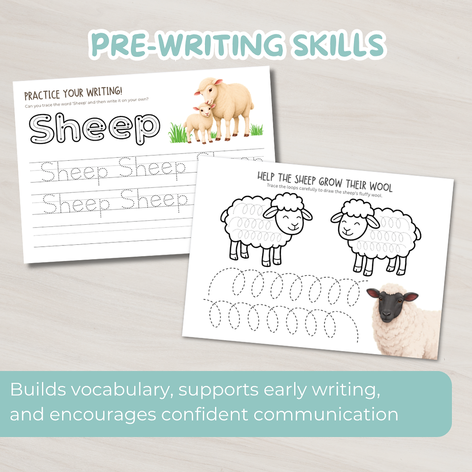 Sheep pre-writing and vocabulary activities for preschool children aged 3 to 6