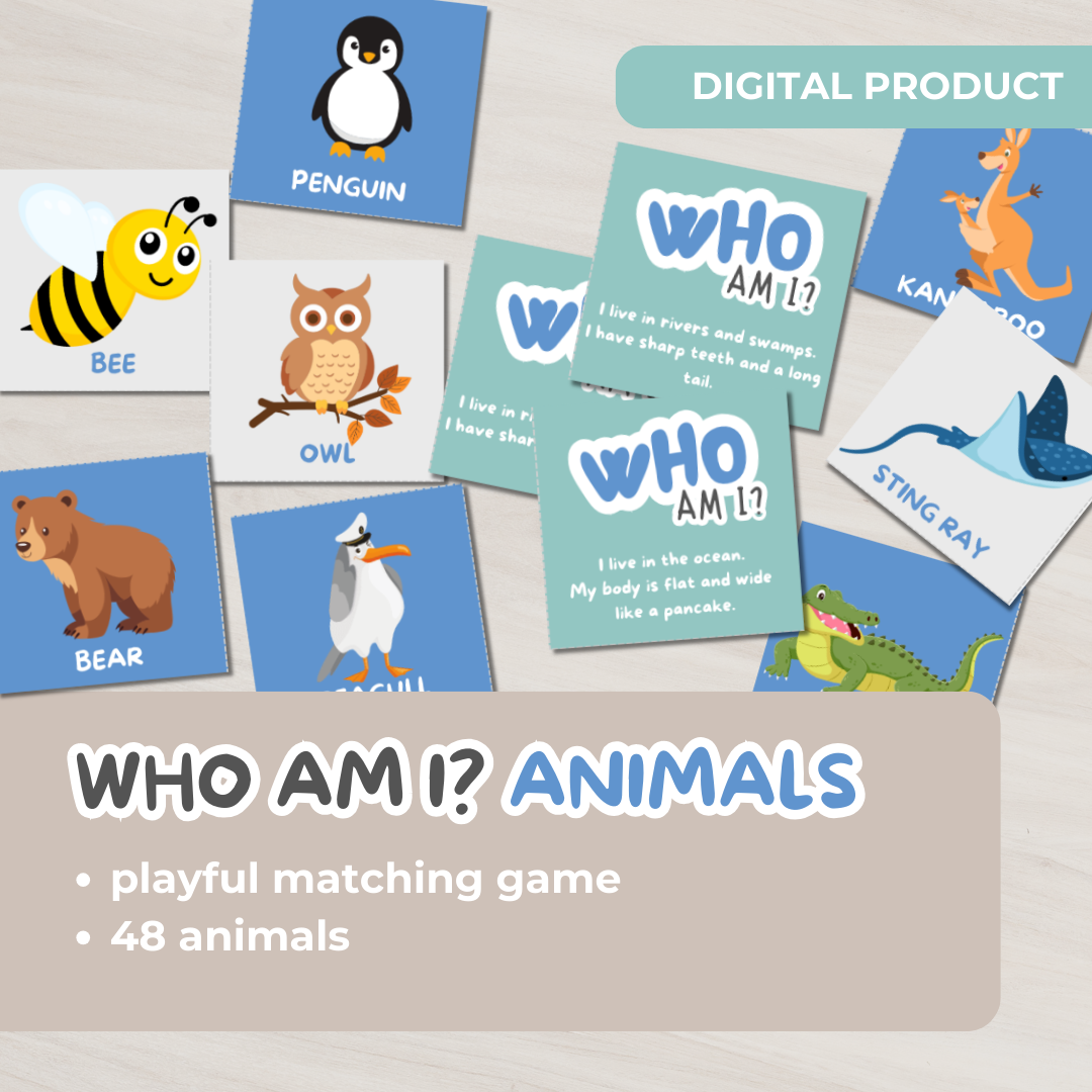 Digital product cover for 'Who Am I? Animals,' featuring playful matching cards with 48 animal-themed flashcards.
