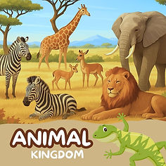 Safari animals including lion, giraffe, zebra, and elephant in a natural setting — animal-themed printables for early learners.