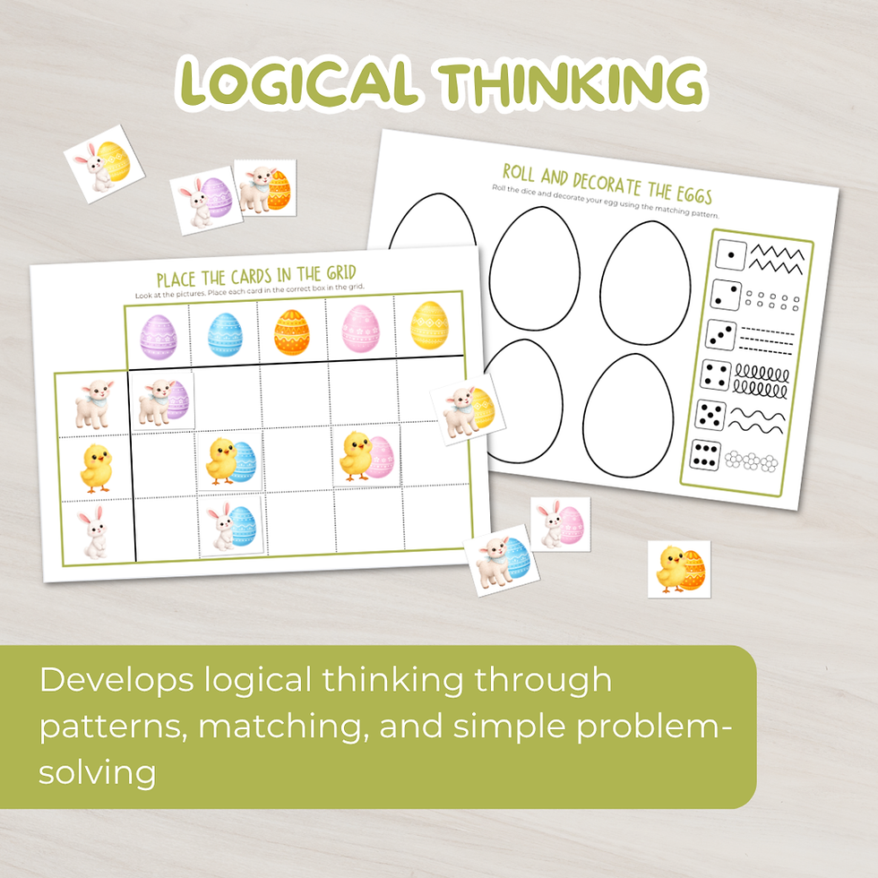 Thumbnail: Easter logical thinking activities with sorting grid, pattern recognition, and problem-solving tasks for preschoolers