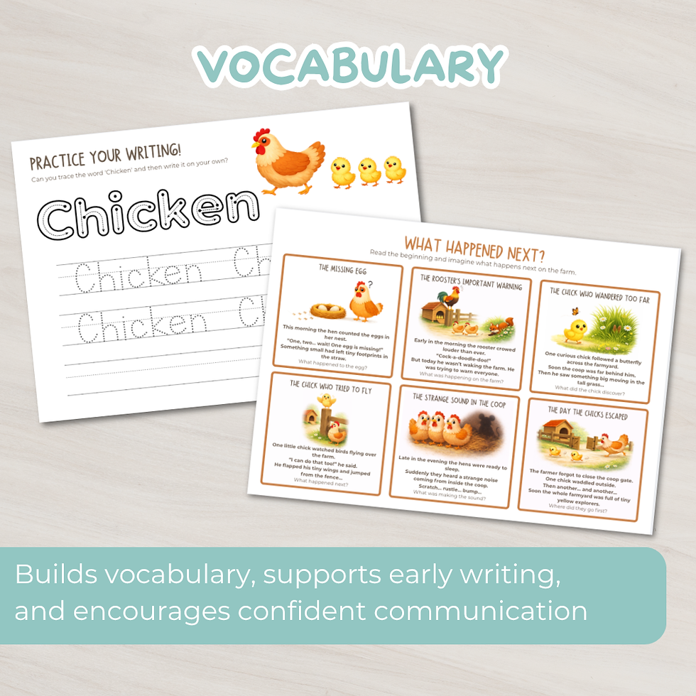 Chicken vocabulary and early writing worksheets for preschool with tracing and simple sentence activities