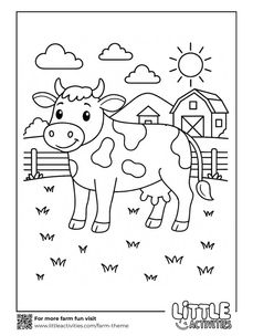 Cow colouring page - cartoon cow on a farm with barn and sun