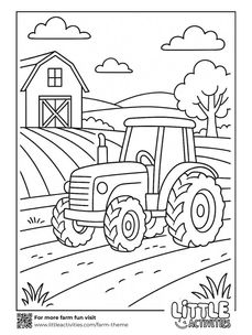 Tractor colouring page - farm tractor in field by barn