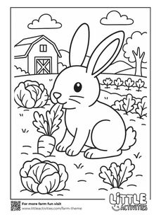 Rabbit colouring page - bunny eating carrots in garden