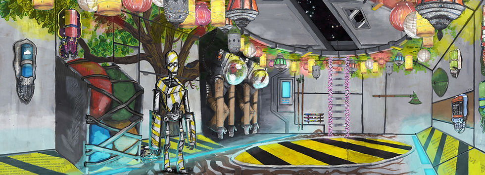 Ludic Gulls Concept art & Illustration by Jacob Gamm. Spaceship airlock an robot. mixed media colourful lights. Tranzfuser competition 2016