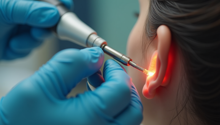 Close-up view of a medical professional performing microsuction ear wax removal on a patient