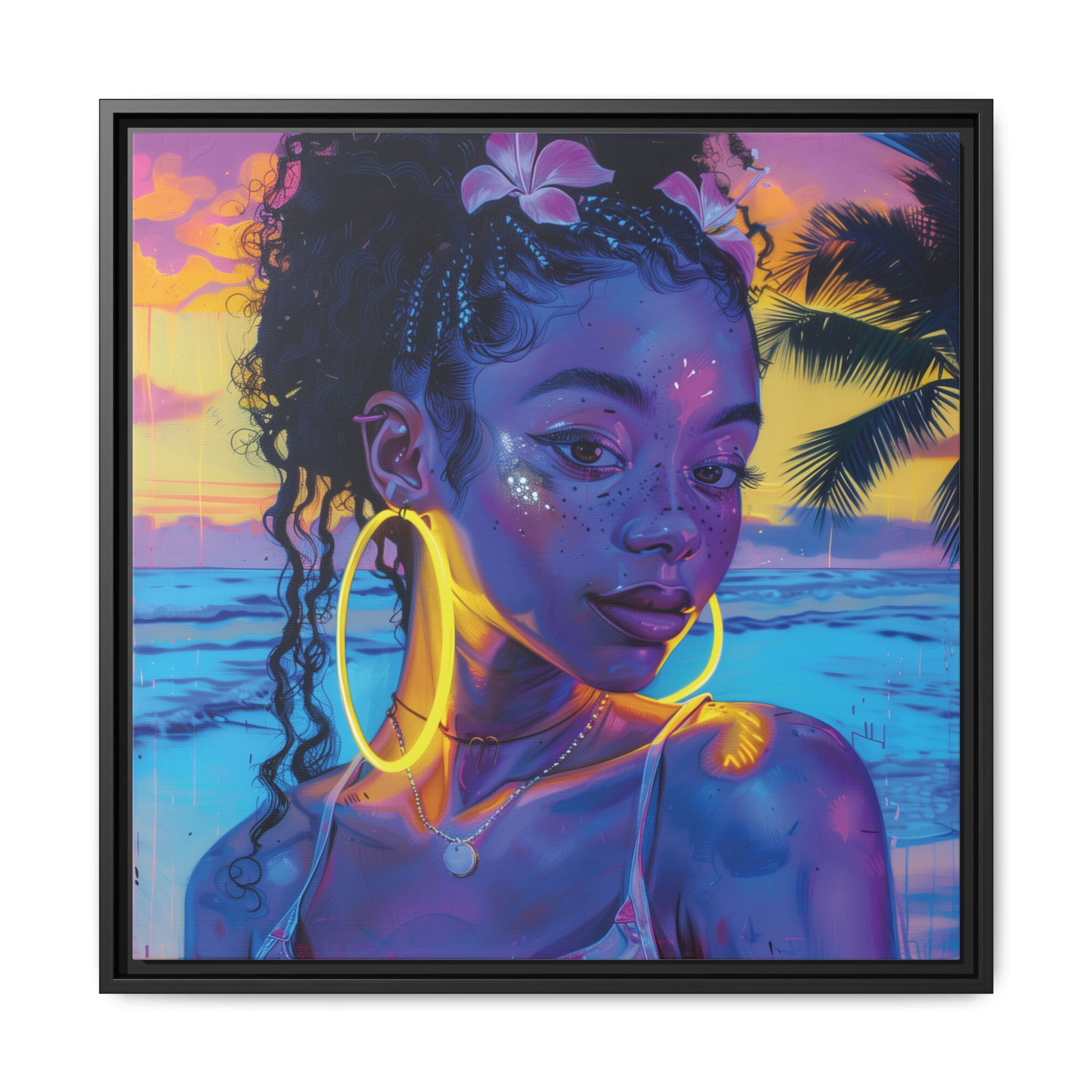 Neon Sunset Beach Portrait Black Girl Framed Canvas