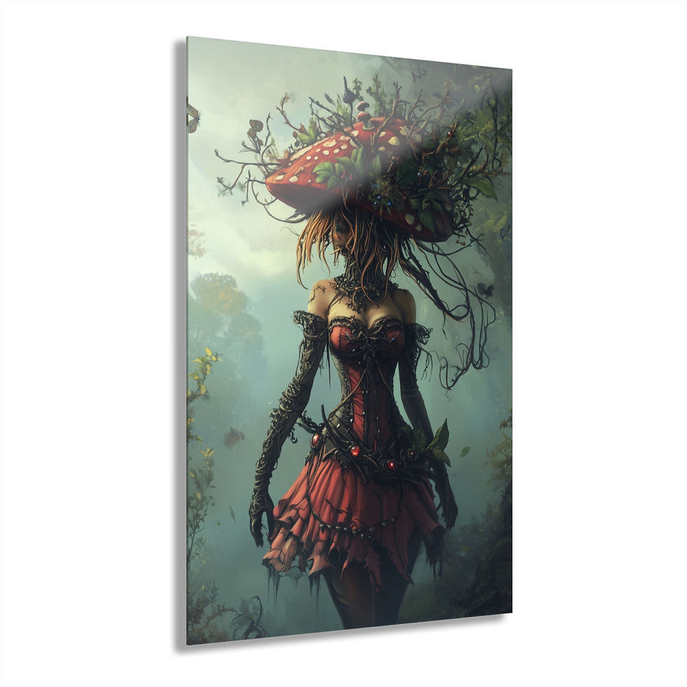Thumbnail: Mushroom Fantasy Feminine Wall Art — Acrylic Print | Dark Forest Goddess Art