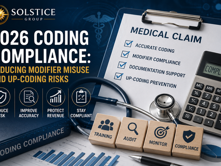 2026 coding compliance graphic showing modifier misuse, upcoding risk reduction, medical claim audits, documentation accuracy, and healthcare revenue protection