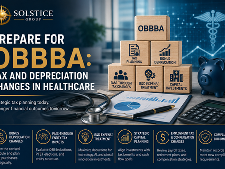 OBBBA healthcare tax and depreciation changes graphic with medical practice financial planning, bonus depreciation, capital investments, and compliance documentation