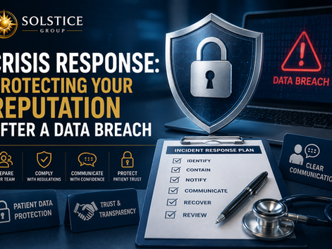 Healthcare data breach crisis response graphic showing HIPAA compliance, patient data protection, incident response planning, reputation management, and trust recovery
