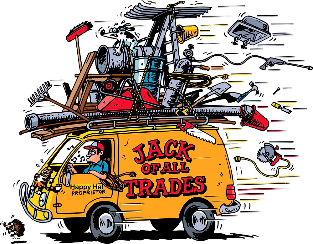 Handyman truck with clutter and chaos attached to the roof and falling all over the road, indicating too much going on and trying to be a jack of all trades