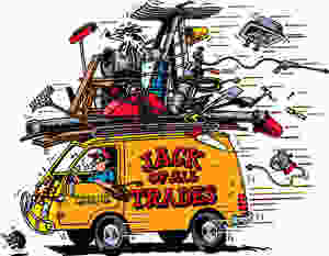 Handyman truck with clutter and chaos attached to the roof and falling all over the road, indicating too much going on and trying to be a jack of all trades