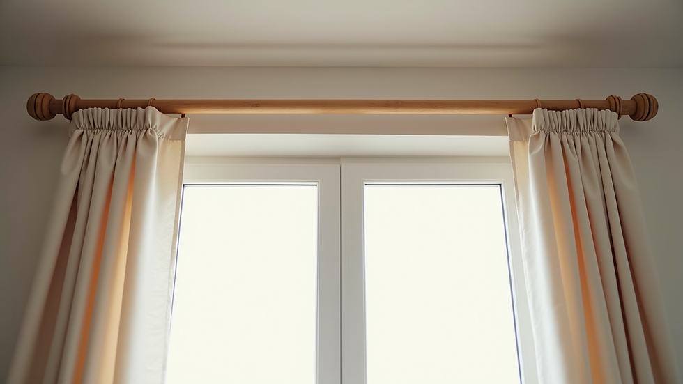 Eye-level view of wooden curtain rod installed above window