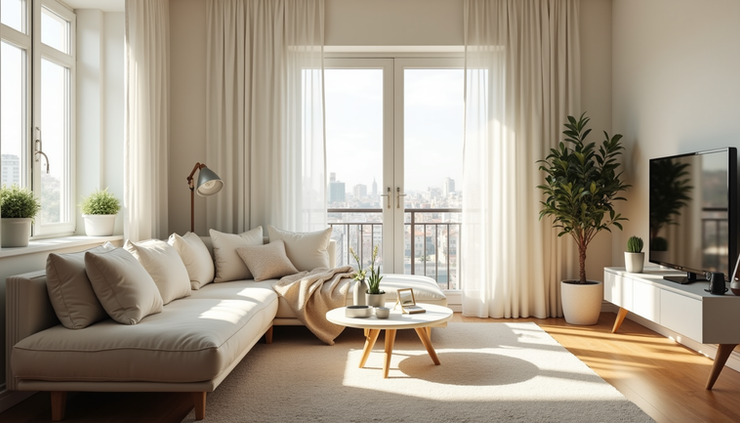 Eye-level view of a clean and organized living room with natural light