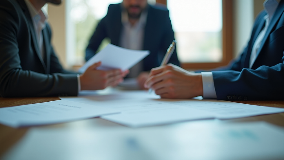 Eye-level view of a business meeting discussing compliance documents