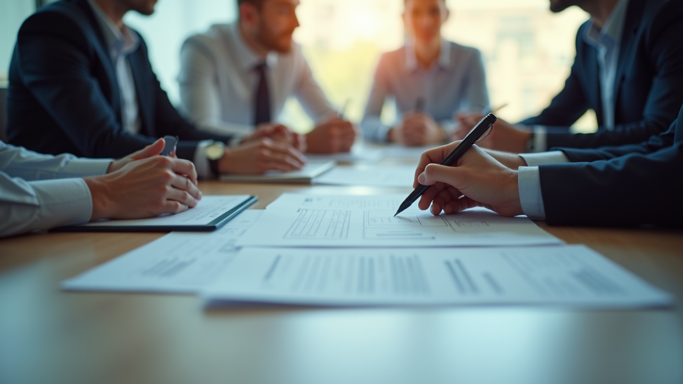 Eye-level view of a business meeting discussing compliance documents