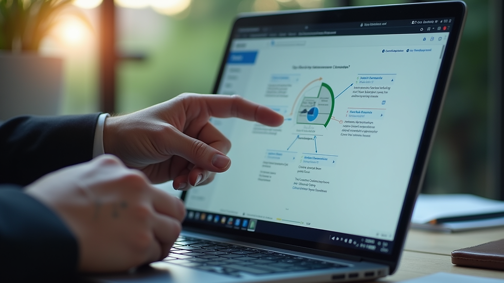 Close-up view of a consultant explaining GRC framework on a laptop screen