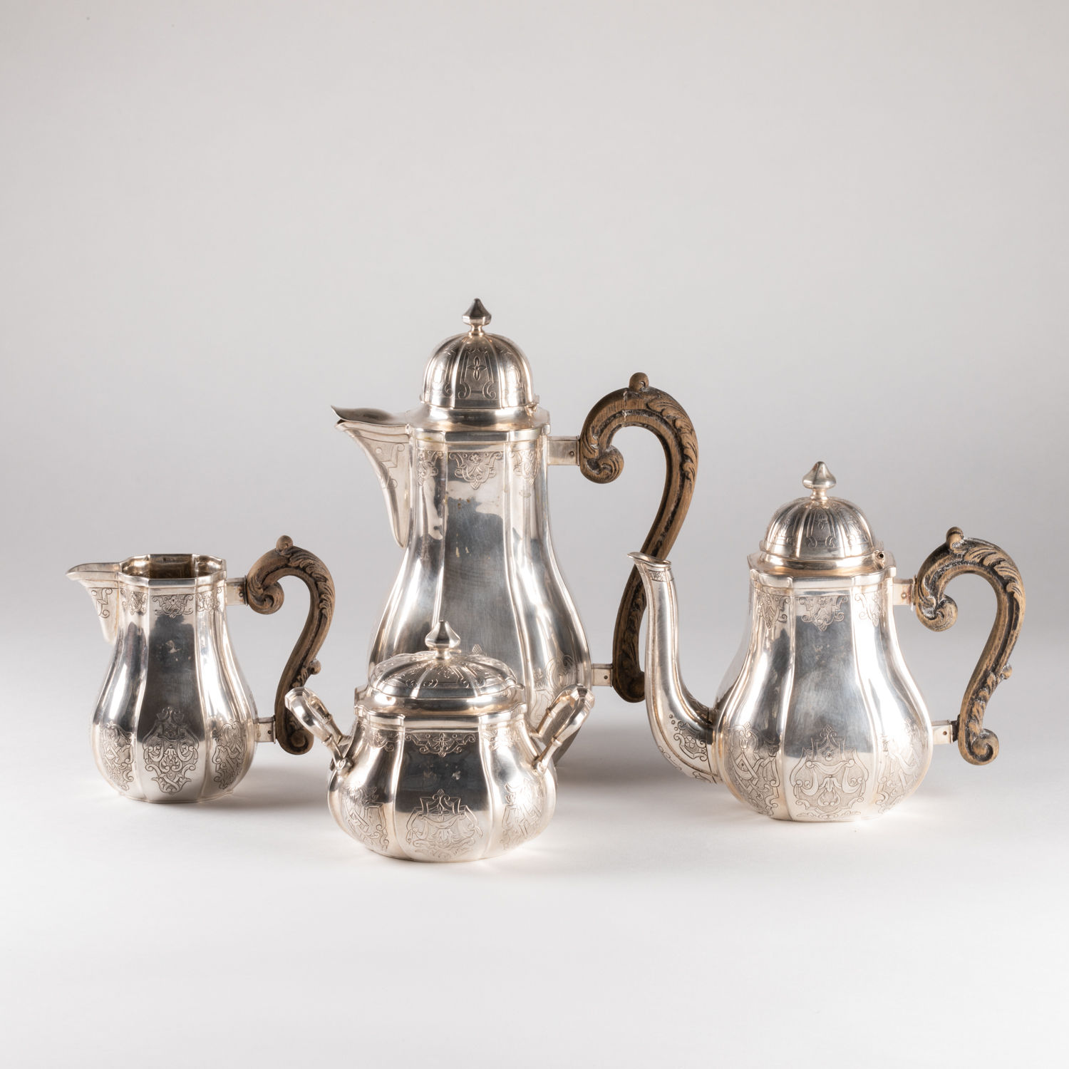 Coffee service and&nbsp; silver teapot, 19th century