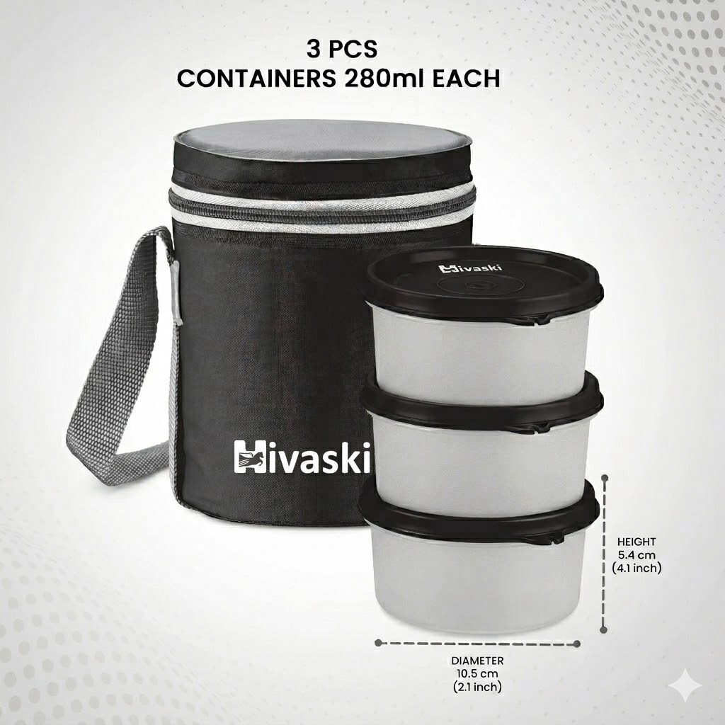 Hivaski Lunch Bag Black -with 3 plastic containers