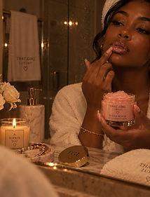 That Girl luxury sugar lip scrub displayed in a warm luxury self care setting