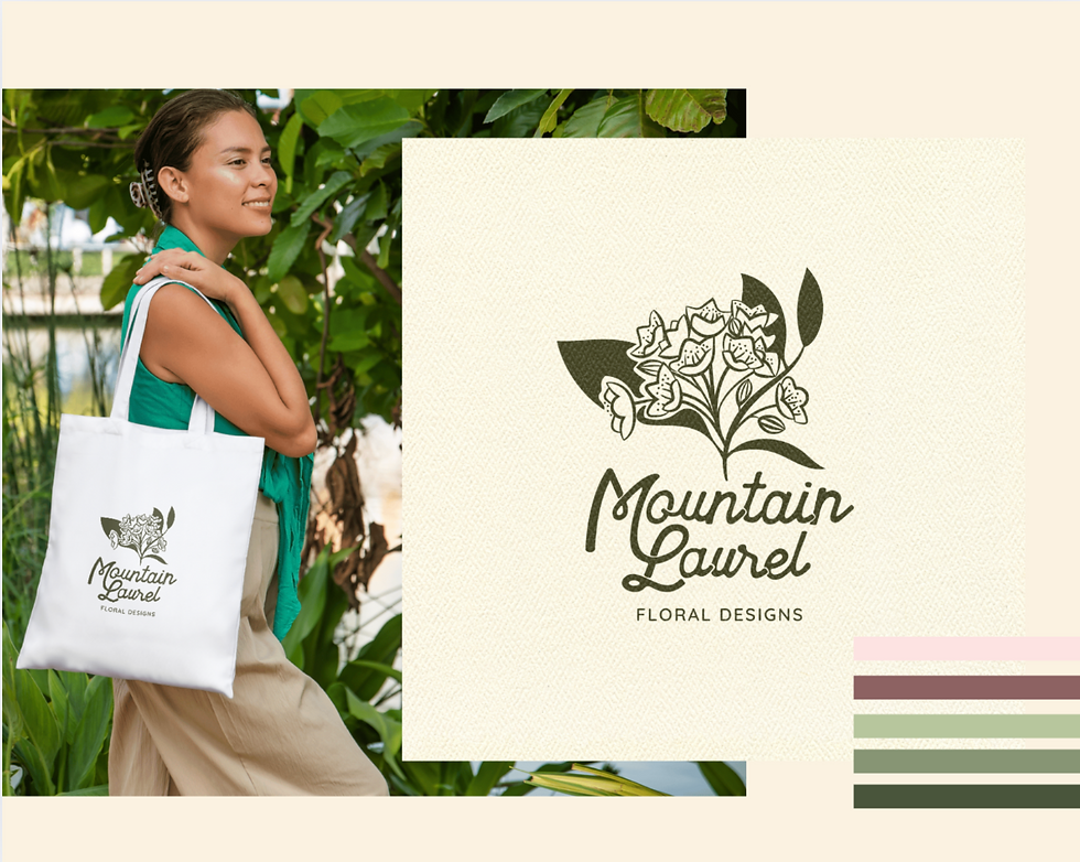 Final logo design mocked up. "Mountain Laurel Floral Designs" tote against lush greenery. Logo featuring flowers. Earthy colors. Relaxed mood.