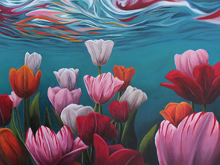 A vibrant underwater painting featuring a field of red, pink, orange, and white tulips reaching upward toward the surface. Above them, sunlight streams through the water, illuminating swirling reflections in shades of pink, red, white, and turquoise. The overall effect is dreamlike and surreal, blending realism in the flowers with abstract patterns on the water's surface.