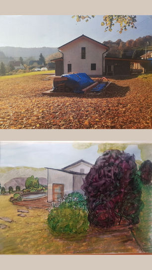 Large garden with a pond, swimming pool, summer house and multiple planted areas for a new built family house in Czech Republic