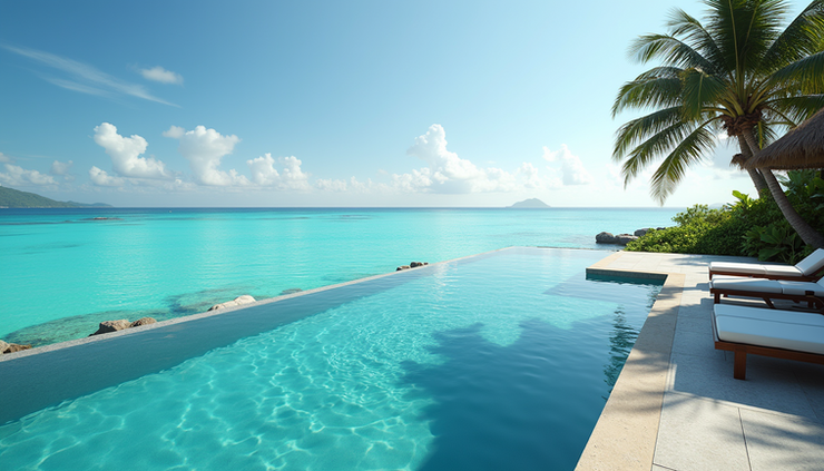 Eye-level view of a pristine infinity pool overlooking turquoise ocean waters in a tropical island resort