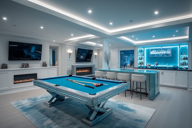 Modern home entertainment room featuring blue pool table, glowing bar, dual fireplaces.