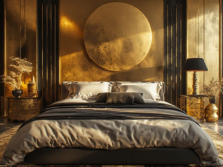 Black and gold master bedroom with a full wall treatment sun dial