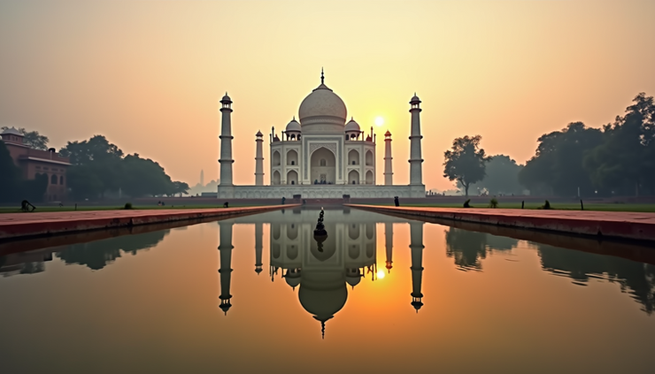 Eye-level view of the Taj Mahal reflecting in the water at sunrise