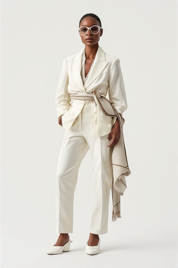 Elegant fashion model in off-white pantsuit with decorative sash and white sunglasses.