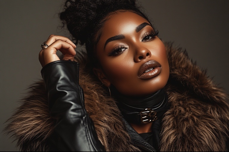Beautiful Black woman in leather and fur coat, confident gaze.