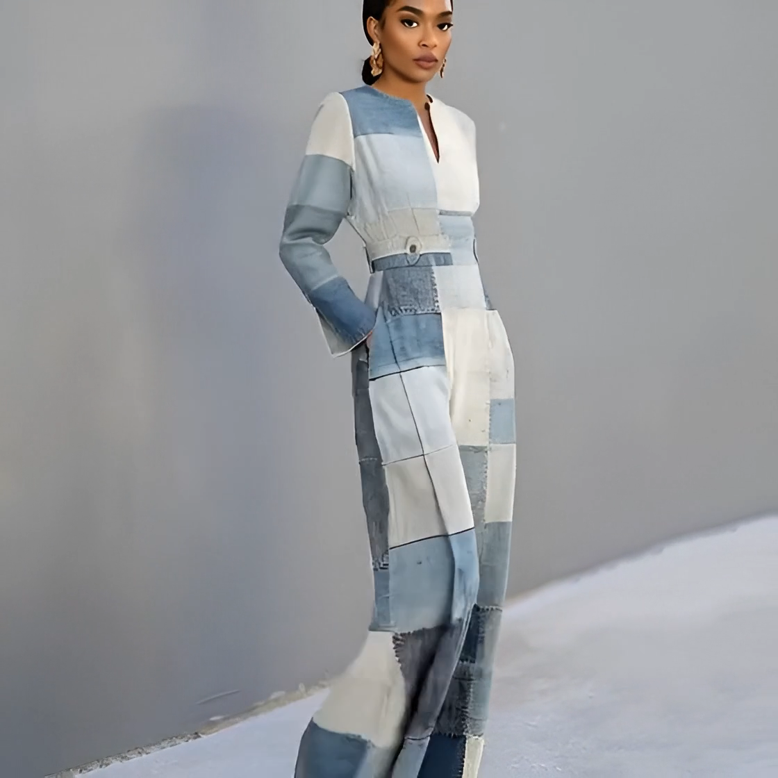 Women's V-Neck Denim Patch Baggy Jumpsuit