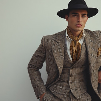 Man in brown plaid three-piece suit, black fedora, and patterned ascot.