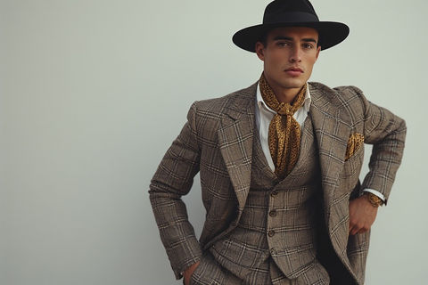 Elegant male model in brown plaid suit, ascot, black fedora hat.