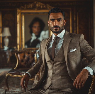 Suave man in tailored brown suit poses in opulent setting.