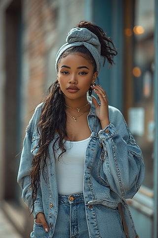 Young woman wearing denim jacket and head wrap, hand by face.