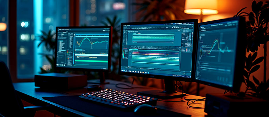 High-performance workstation with multiple monitors and audio gear