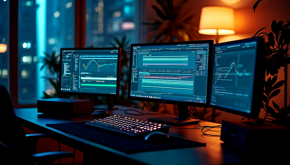 High-performance workstation with multiple monitors and audio gear