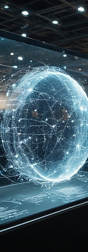 People observe a large transparent screen displaying a digital global network.