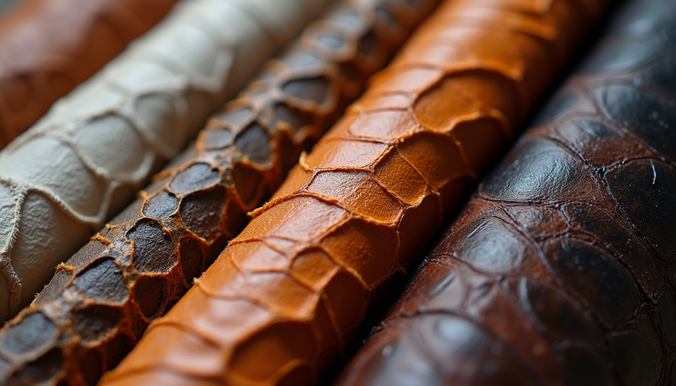 Close-up view of genuine exotic leather skins arranged by texture and color