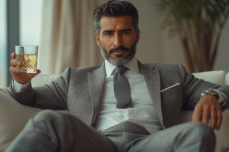 Eye-level view of a classic bespoke men's tailored suit displayed on a wooden mannequin