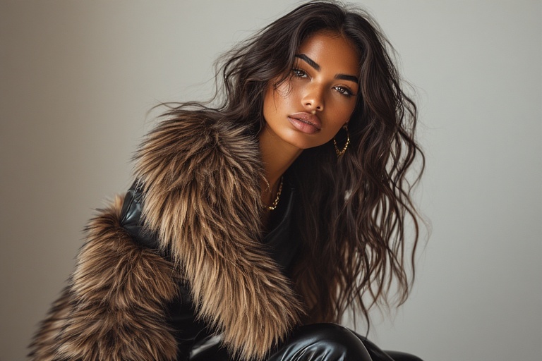 Stunning woman with long dark wavy hair in a brown fur vest.
